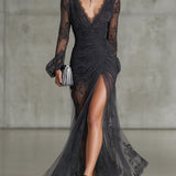 Dark Gray Lace Long-Sleeve Maxi Dress
