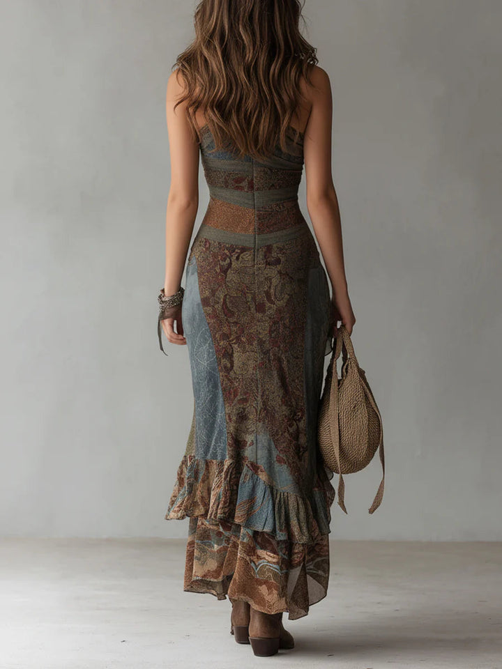 Elena - One-Shoulder Ethnic Print Maxi Dress with High Split