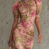 Vintage Rose Print Puff-Sleeve Maxi Dress – Megan Dallas (2)