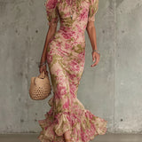 Vintage Rose Print Puff-Sleeve Maxi Dress
