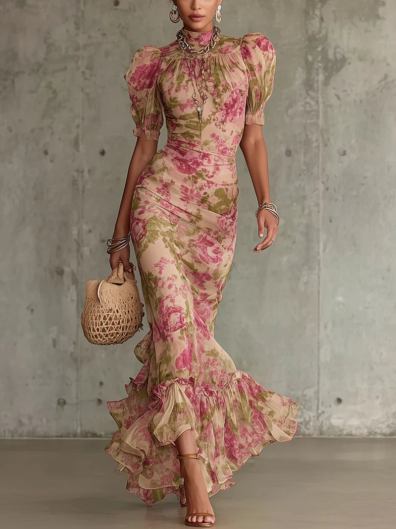 Vintage Rose Print Puff-Sleeve Maxi Dress – Megan Dallas (1)