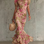 Vintage Rose Print Puff-Sleeve Maxi Dress – Megan Dallas (1)