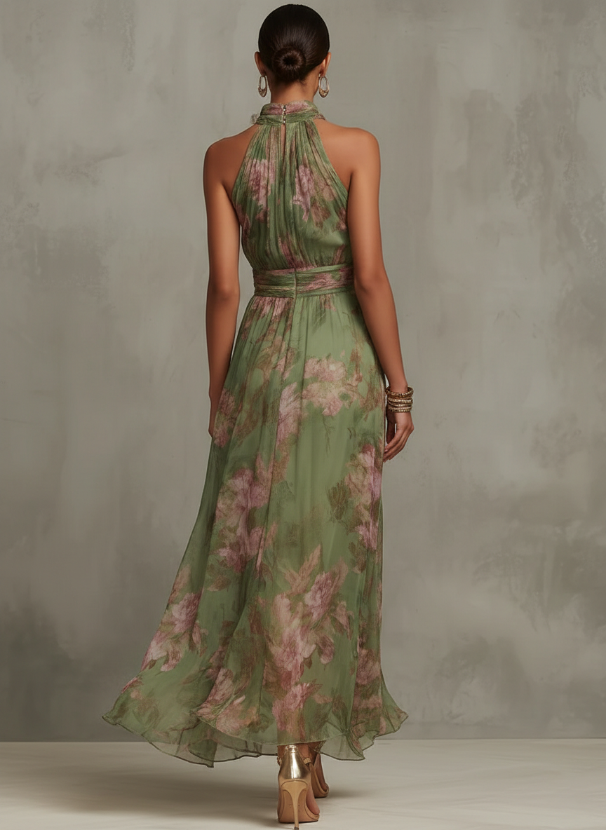 Serena - Green Floral Chiffon Halterneck Maxi Dress