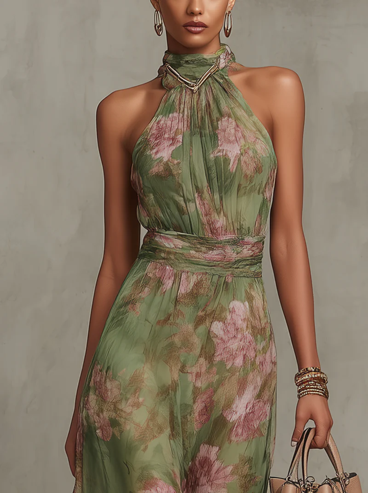 Serena - Green Floral Chiffon Halterneck Maxi Dress