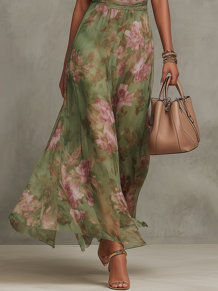 Serena - Green Floral Chiffon Halterneck Maxi Dress