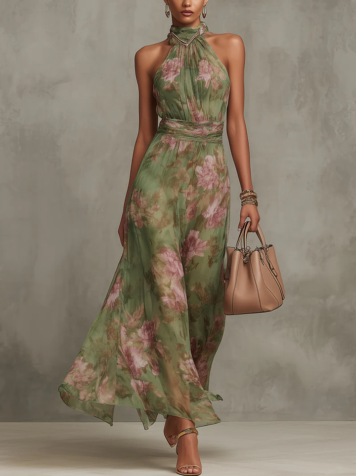 Serena - Green Floral Chiffon Halterneck Maxi Dress