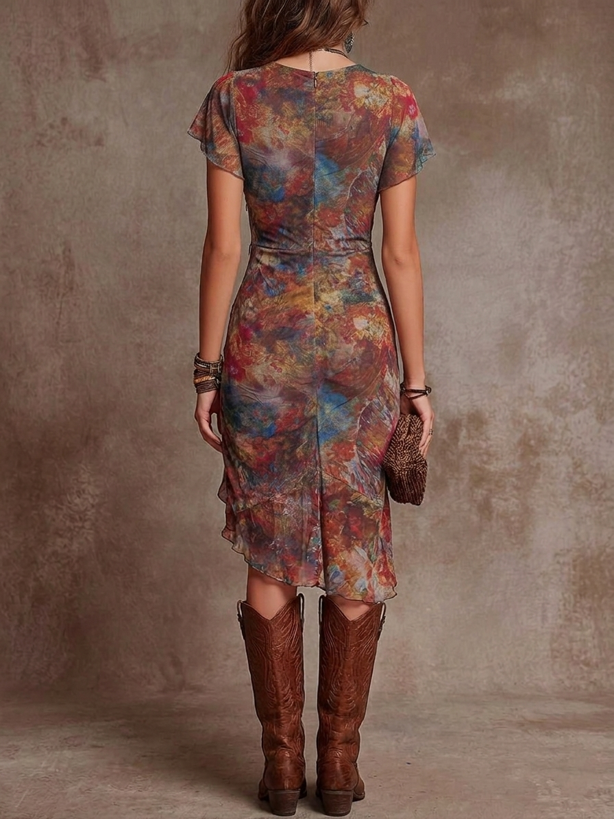 Martina - Bohemian Abstract Print Pleated Midi Dress with V-Neck