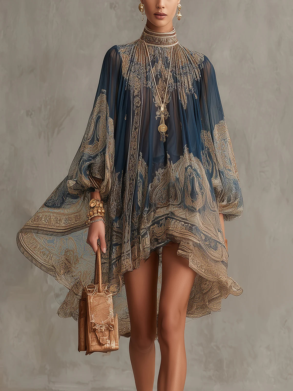 Navy Baroque Print Chiffon Mini Dress – Megan Dallas (1)