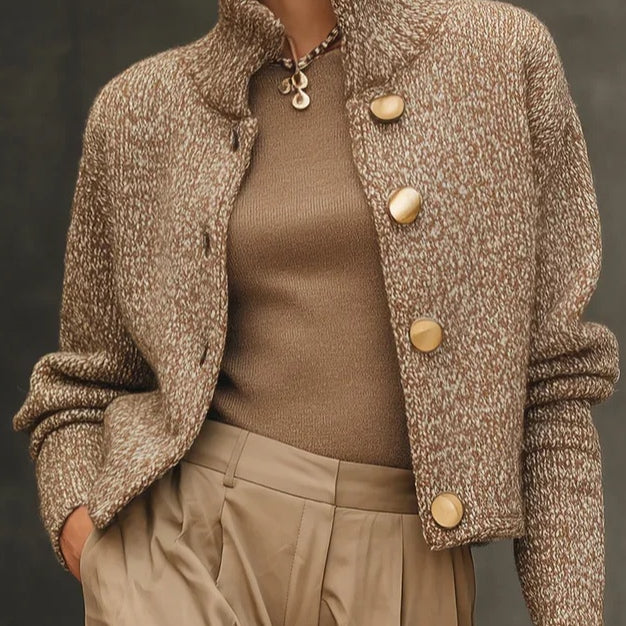 Camel Turtleneck Button-Down Cardigan Sweater — 1