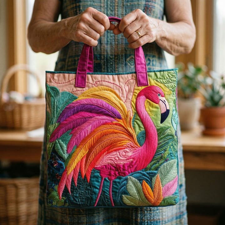 Tikattu kangaskassi – Sateenkaariflamingo