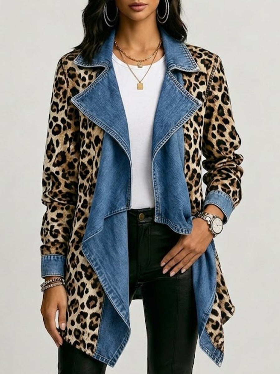 Sherilyn™ | Leopard Print & Washed Denim Paneled Mid-Length Jacket — 1