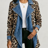 Sherilyn™ | Leopard Print & Washed Denim Paneled Mid-Length Jacket — 1