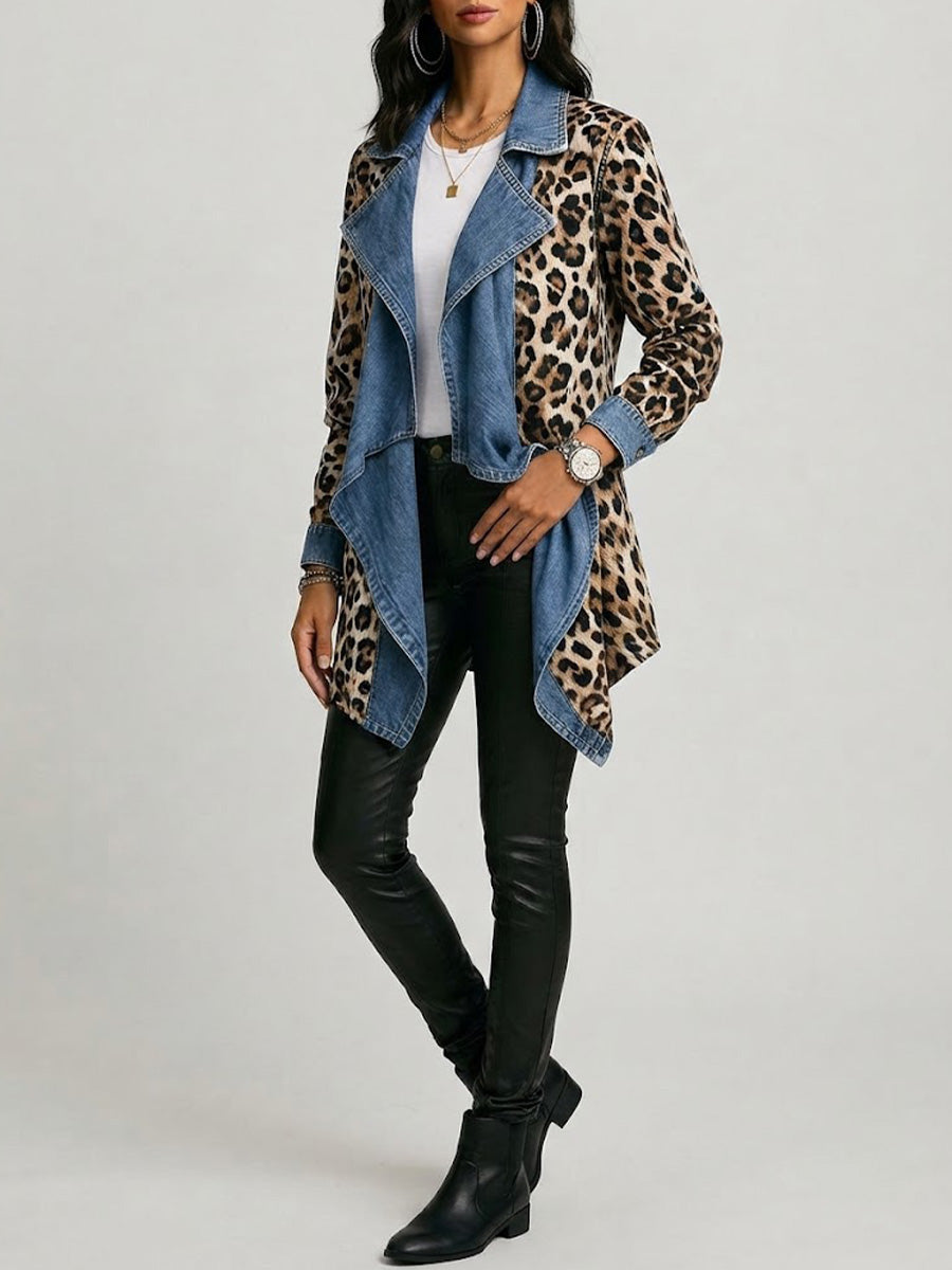 Sherilyn™ | Leopard Print & Washed Denim Paneled Mid-Length Jacket — 2